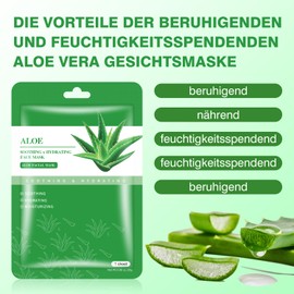Aloe Vera Gesichtsmaske, Beruhigende & Feuchtigkeitsspendende Tuchmasken, 10 Stück, 25g pro Maske