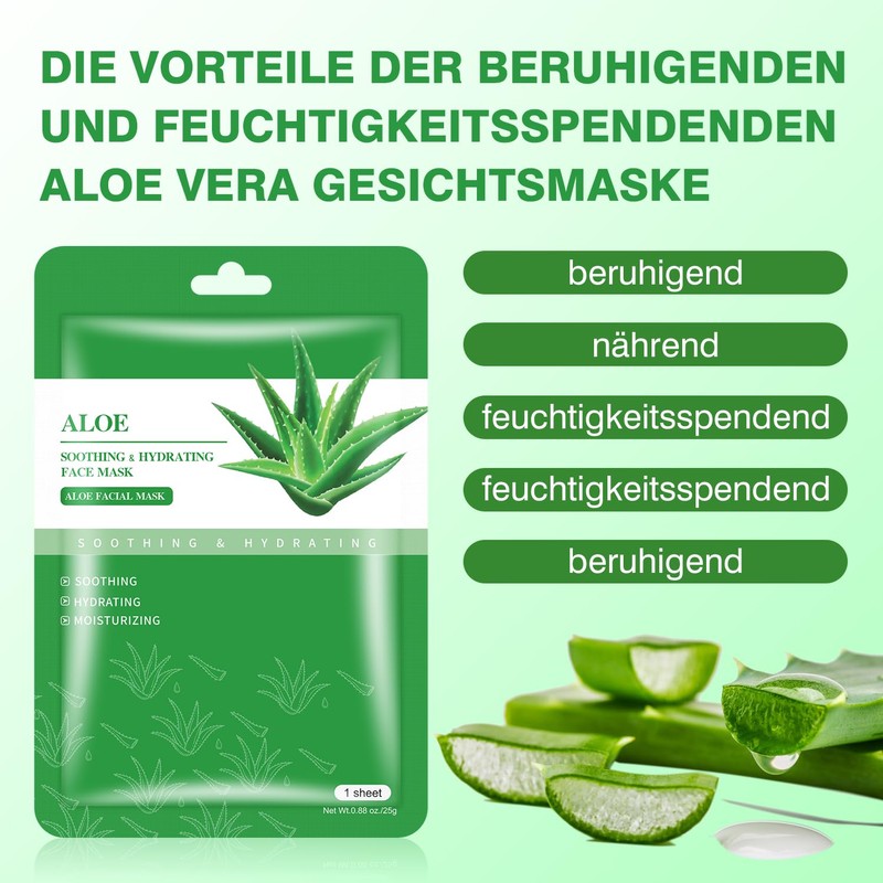 Aloe Vera Gesichtsmaske, Beruhigende & Feuchtigkeitsspendende Tuchmasken, 10 Stück, 25g
