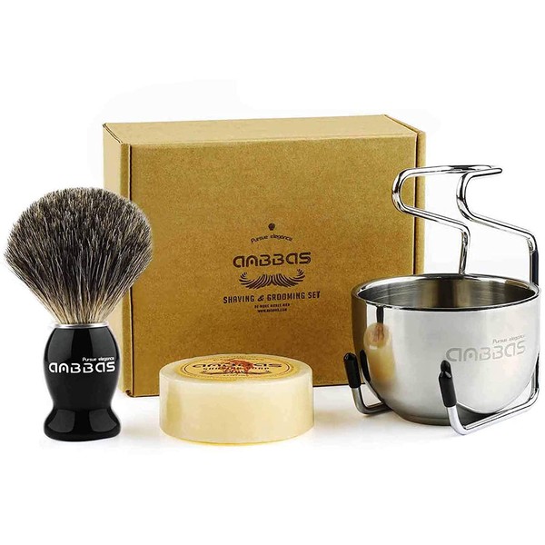 Anbbas Pure Badger Bristles Shaving Brush Black Wood Handle and Goat Milk Soap 100g,Stainless Steel Shaving Stand and Soap Cup Kit Perfect for Men