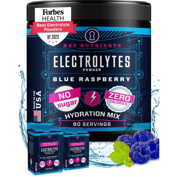 KEY NUTRIENTS Electrolytes Powder No Sugar - Delicious Blue Raspberry Electrolyte Drink Mix - Hydration Powder - No Calories, Gluten Free - Powder and Packets (20, 40 or 90 Servings)