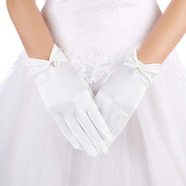 TIESOME Short Glove, Satin Gloves, White Bridal Gloves, Women's Elegant Bridal Gloves, Flower Wrist Lace Gloves, Courtesy Summer Wedding Opera Dinner Gloves, White