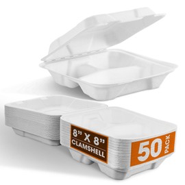 Cheer Collection 8x8 Compostable Takeout Containers (50 pack) - Eco Friendly Microwavable Clamshell Containers | Biodegradable Food Containers for Hot Or Cold Food, Party & Event - White