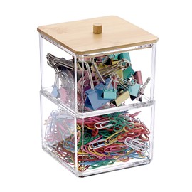 SVNXI Clear Stackable Paper Clip Holder with Bamboo Lid 2 Layer Paperclip Box Thick Acrylic Supply Accessory Organizer Square Small Storage Cute for Office Bathroom (2-Tier Square Clear)