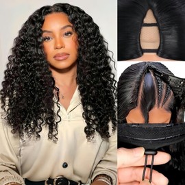 V Part Wig Human Hair Curly Upgrade Glueless Wigs Human Hair U part Half Wigs With Clip in V Part Curly Wig Human Hair Beginner Friendly Real for Women Natural Color 180% Density 26inch