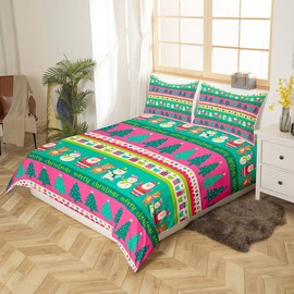 Christmas Bedding Set Cute Snowman Santa Claus Deer Comforter Cover for Kids Christmas Tree Xmas Theme Duvet Cover Breathable Pink Geometric Stripes Bedspread Cover Room Decor Quilt Cover Single Size