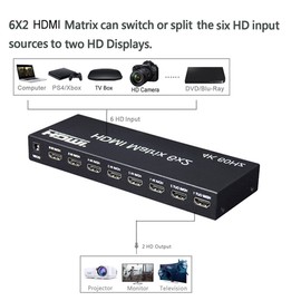 4K 60hz 6x2 HDMI Matrix 6 IN 2 OUT HDMI Splitter Switch 4x2 HDMI Matrix Audio Video Converter with EDID for PCTV Dual Monitor (6x2 HDMI Matrix)