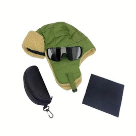 Winter Pilot Hat with Ear Flaps and Goggles - Thick, Warm, Windproof for Cycling & Outdoor Activities - Color: Army Green 2 (four-piece Set), Size: One Size Fits All (21.26-23.23inch)
