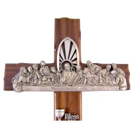 Notched Walnut Last Supper of Christ Wall Cross with Grace Prayer, 12 Inch