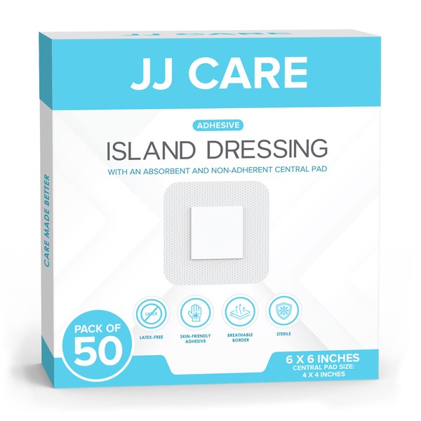 JJ CARE Adhesive Island Dressing [Pack of 50], 6x6 Sterile Bordered Gauze Dressing, Breathable Island Wound Dressing Individually Wrapped with Highly Absorbent Non-Stick Center Pad