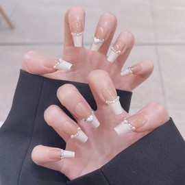 CATKIN Press On Nail Fasle Nail with design 24pcs Full Cover Reusable Acrylic Nails Artificial Nails for Women girls Long Square Decoration Fake Nails White French Pearl