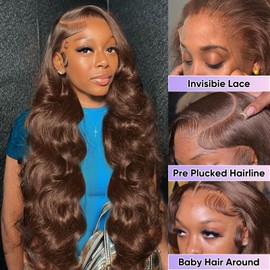 SFTNMEH Chocolate Brown Lace Front Wig 200 Density 13x6 HD Body Wave Lace Front Wigs Human Hair Pre Plucked Colored Frontal Glueless Brown Human Hair Wig for Women with Baby Hair 34Inch