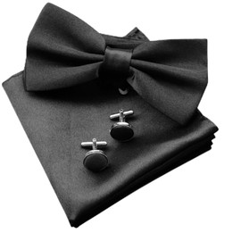Men's Bow Tie Set,Classic Black Pre-Tied Bow Tie and Handkerchiefs for Men Cotton,Pocket Square Cufflink Set for Men Suitable for Dress Shirt and Tuxedo Wedding Formal Bow Tie Wedding Party