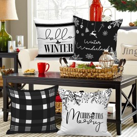 Ywlake Hello Winter Merry Christmas Throw Pillow Covers 18x18 Set of 4, Decorative Black and White 18 inch Xmas Holiday Cushion Pillow Cases Home Outside Porch Decor Decorations