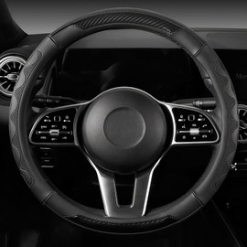 SEG Direct Car Steering Wheel Cover Small Size for Prius Civic Model 3 Model Y Camaro Rogue with 14"-14 1/4" Embossed Microfiber Leather with Carbon Fiber Pattern Black