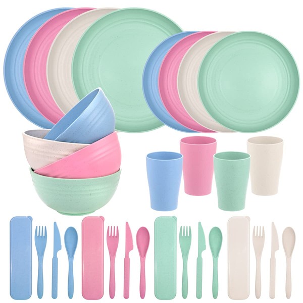Supernal 32pcs Wheat Straw Dinnerware Sets,Unbreakable Dish,Light Weight Dinnerware Reusable Dishwasher Microwave Safe,Eco Friendly Plates,Cereal Bowls,Cups and Utensils Sets
