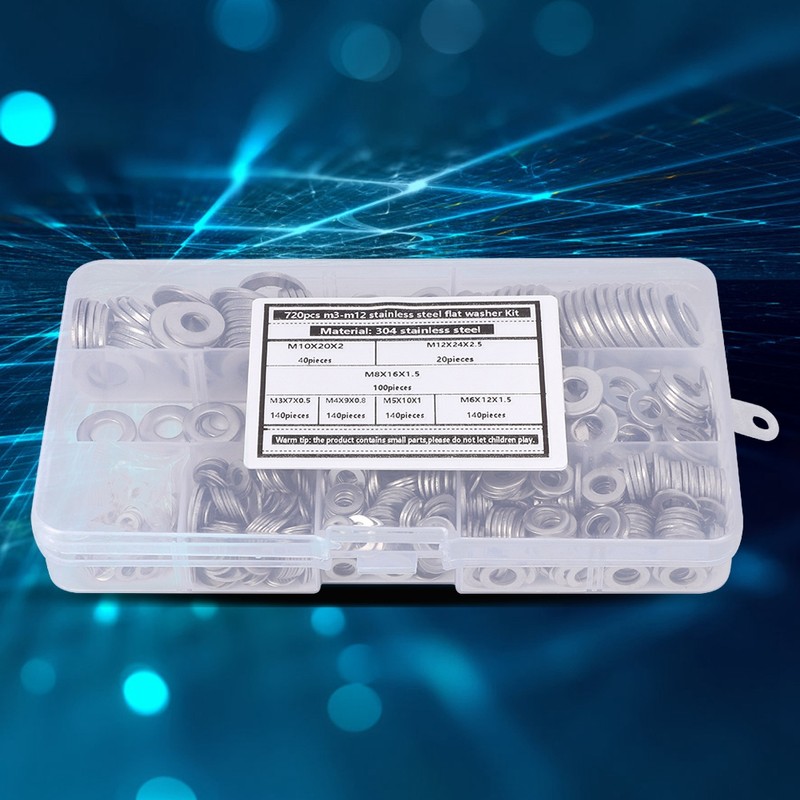 720Pcs Flat Washer Kit 304 Stainless Steel Silver Spring Gasket