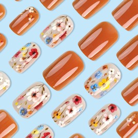 Medium Press on Nails Square Fake Nails with Colorful Floral Designs Orange Nails Press ons Glossy Glue on Nails Spring Acrylic Nails Full Cover Flase Nails Summer Stick on Nails for Women 24Pcs