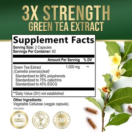Green Tea Extract Supplement Pills 1000mg - 98% Standardized EGCG with Polyphenols - 3X Strength for Natural Energy - Supports Heart and Antioxidant Health - Nature's Gentle Caffeine - 120 Capsules