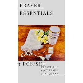 eMart4U Muslim Prayer Seccade Gift Set with Tasbih Prayer Beads + Mini Quran Car Decoration Accessory, Seccade Set for Prayers at Travelling, Holidays, Souvenir Gift Set for Muslims (White)