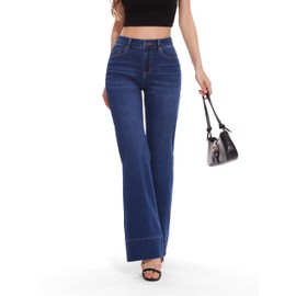 FLYING BANANA Women's Flare High Waisted Bell Bottom Wide Leg Baggy Stretch Denim Jeans (Dark Blue, 14)