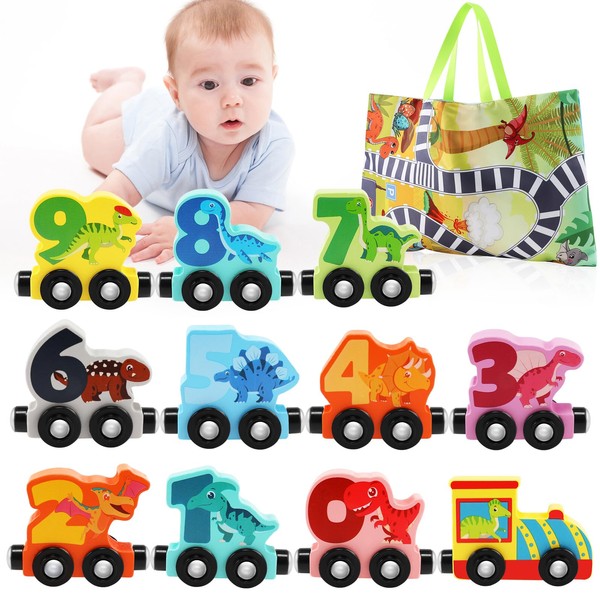 Wooden Dinosaur Train Set toys for 1 2 3 year old boys girls with Numbers 0-10,11 Pieces Magnetic Trains Toy Cars for Toddlers 1-3 with Play Mat and Storage Bag Toddler Toys Kids Train set Boy Gifts