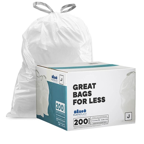 Plasticplace Trash Bags │simplehuman (x) Code J Compatible (200 Count)│White Drawstring Garbage Liners 10-10.5 Gallon / 38-40 Liter │ 21" x 28"