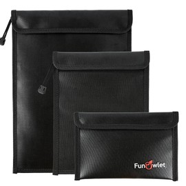 FunOwlet Fireproof Waterproof Document Bag, Fire and Water Resistant Safe Zipper Storage Organizer Pouch for A4/A5 Documents Holder, File, Cash, Jewelry, Passport, Tablet, Laptop, 3 Pack (Black)