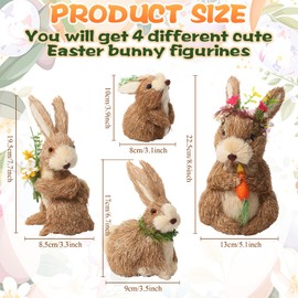 VioraWhite Set of 4 Bunny Easter Decorations Sisal Bunny Figurines Tabletop Decor Straw Rabbit Statue with Carrot Flower for Home Table Office Kitchen Farmhouse Indoor Spring Easter Decor
