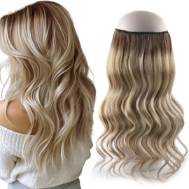 Sassina Invisible Wire Hair Extensions Real Human Hair with Transparent Wire Adjustable Size Secure Clips Natural Straight Secret Miracle Hairpiece, Rooted Highlight RP3-8/61312 14 Inch 70 Gram