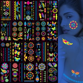 Neon Temporary Tattoos 20 Large Sheets Glitter Styles Flower Mandala Butterfly Feather Glow In The Dark UV Neon Tattoos Stickers Body Face Fake Waterproof Tattoos for Adults Kids Party Decoration