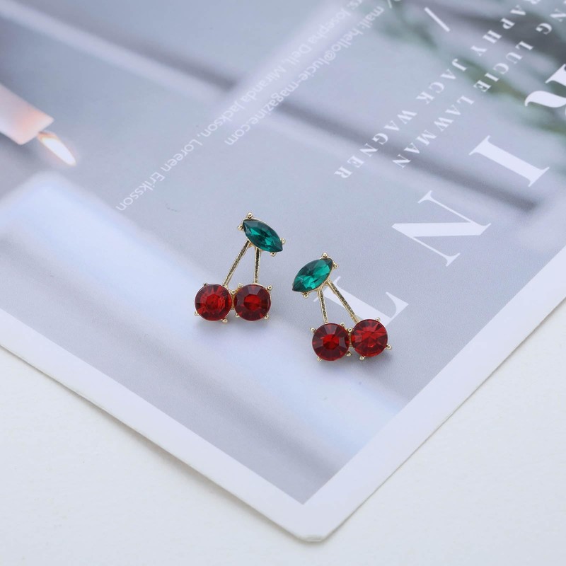 Enautoabs Cute Red Crystal Cherry Fruit Earrings CZ Fruit Basket
