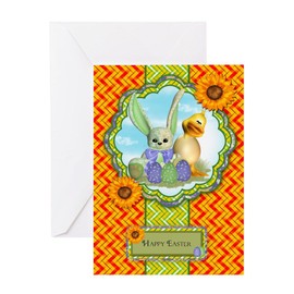 CafePress Cute Easter Greeting Card With Chick And Rabbit Folded Greeting Card Glossy
