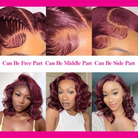 RECOOL Loose Body Bob Wig 99J Burgundy Short Body Wave Human Hair Wig For Black Women 5x6 HD Glueless Lace Front Wigs Pre Plucked with Baby Hair Bleached Knots Wine Red Wigs 12inch