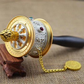 Tibetan Buddhist Om Mani Padme Hum Functioning Mini Handheld Prayer Wheel with Mantra Scroll Rotating Wheel Gold (Silver)
