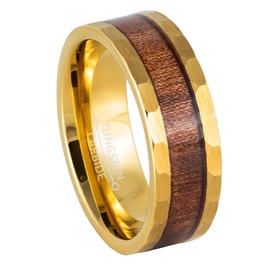 Jewelry Avalanche 8mm Mens Yellow Gold Tungsten Wedding Band, Hawaiian Wood Inlay, Comfort-Fit Hammered Pipe Cut Engagement Ring - TN970s7
