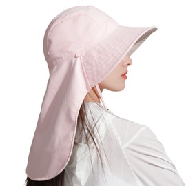 CLAPE UV Protection Women's Sun Hat with Neck Protection Wide Brim Ponytail Summer Hat Outdoor Fishing Hat with Chin Strap Foldable Garden Hat, RNYF02-Pink