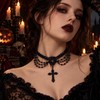 Layered Black Beaded Cross Necklace, Draped Multi-Strand Gothic Choker for