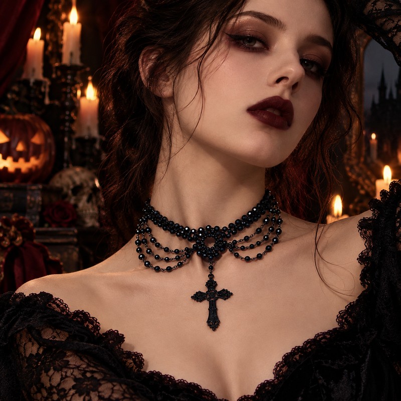 Layered Black Beaded Cross Necklace, Draped Multi-Strand Gothic Choker for