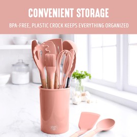 GreenLife 11 Piece Silicone Utensil Crock Set, PFAS-Free & BPA-Free Nonstick Kitchen Tools, Ladle, Turner, Slotted Turner, Spatula, Spoon, Spaghetti Server, Brush, Whisk, Tongs, Crock, Dusty Pink