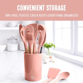 GreenLife 11 Piece Silicone Utensil Crock Set, PFAS-Free & BPA-Free Nonstick Kitchen Tools, Ladle, Turner, Slotted Turner, Spatula, Spoon, Spaghetti Server, Brush, Whisk, Tongs, Crock, Dusty Pink