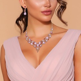 BriLove Wedding Bridal Necklace Earrings Jewelry Set for Women Austrian Crystal Teardrop Cluster Statement Necklace Dangle Earrings Set Pink Gold-Toned