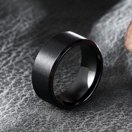 King Will 10mm Black Titanium Wedding Ring Brushed Center Engagement Band Beveled Edge (10.5)