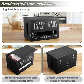 Trash Bag Dispenser, Wooden Trash Bag Holder Wall Mount, Bag Roll Holder for Plastic Bags Countertop, Large Garbage Bag Dispenser, Under Kitchen Sink Organization, Black