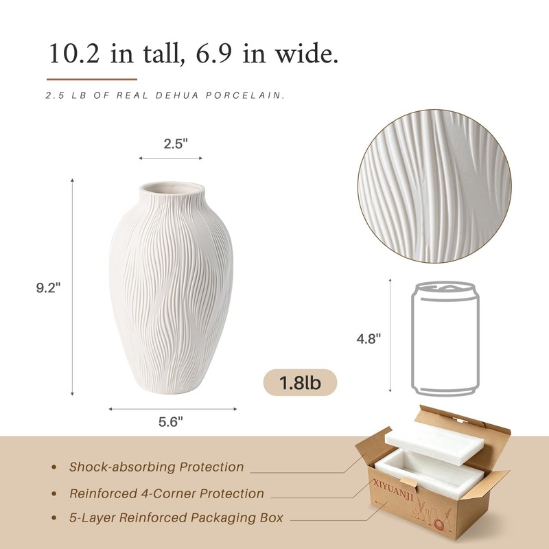 White Ceramic Vase for Pampas Grass, 9.2 Inch Wavy Textured