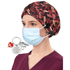 Satin Lined Bouffant Scrub Nurse Cap with 4 Buttons and Sweatband Adjustable, Red Black, One Size