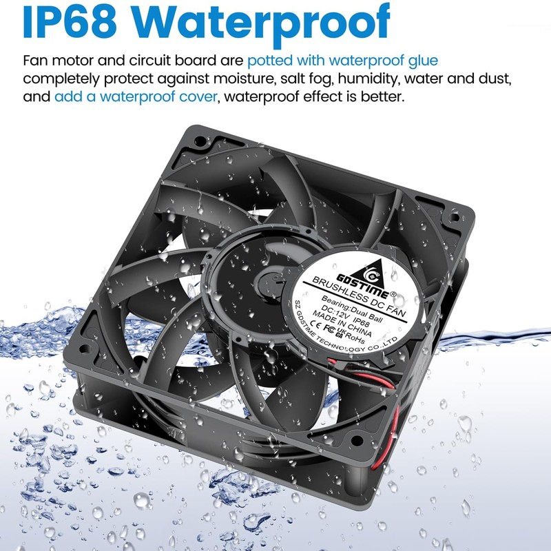 GDSTIME 120mm x 38mm 12V DC IP68 Waterproof Fan, High