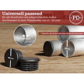 PD® Lamellar Plugs Round 40 mm for Round Tube – Round End Caps Made of PE Plastic – Pipe Plugs 40 mm for Pipe Cover of Steel Pipe, Stainless Steel Tube, Aluminium Tube & Aluminium Profile – Round