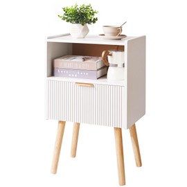 Aibiju Nightstand with Storage Drawer, Modern Bedside Table with Liner Drawer and Solid Wood Legs, Small End Table with 2-Tier Storage, White YD-TM061W