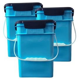 House Naturals 4 Gallon Square Food grade Bucket pail with plastic handles and Lid (Pack of 3) Made in USA containers (Aqua - Black lids)