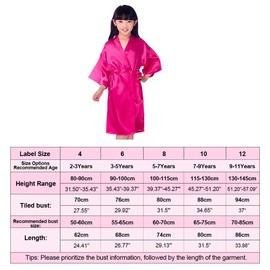 CuteOn Children's Kids Satin Silk Kimono Robe Bathrobe Dressing Gown Sleepwear for Spa Wedding Birthday Party Dress, pink-red